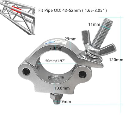 Premium Aluminum Alloy Heavy Duty 550 LB O Clamp for Spot Lights - Fits 42-52mm Tube/Pipe - Stage Lighting - Silver (Pack of 4)