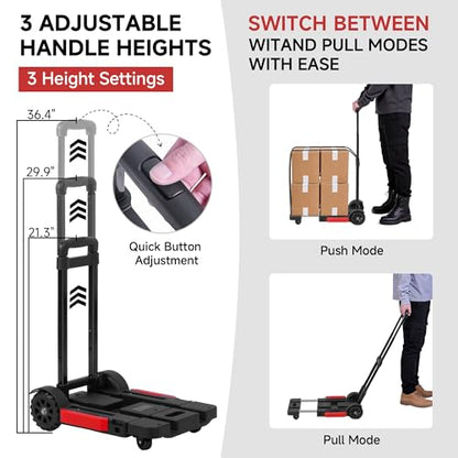 Folding Hand Truck Dolly, 220 lb Portable Utility Cart | with Expandable Base, 3 Adjustable Heights, 5-Wheel Collapsible Luggage Cart with 2 Ropes for Moving, Office and Travel