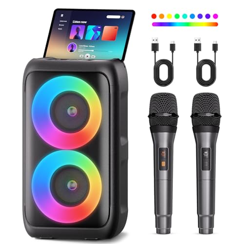 Bluetooth Speaker with 2 Wireless Microphones - Big Party Speaker for Adults Kids Karaoke with Lights - Portable Rechargeable Floorstanding Speakers Support TWS/AUX/USB/TF Card for Home Party Gift - size: 2 Mics