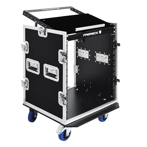 PRORECK 14U Rack/Road Case With Slant Mixer Top, And Casters, 20'' Rackable Depth, Plywood, 14U Installation Size, Pro Stage Performance. - size: 14U/Casters