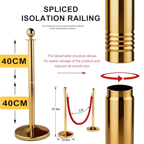 4 Pcs Modular Crowd Control Stanchion, Set with 5 Pcs 5 ft Red Velvet Ropes, Stainless Steel Crowd Control Barriers, Heavy-Duty Fillable Base, Splicing Style Stanchion Rope Divider (4 / Golden） - color: Golden