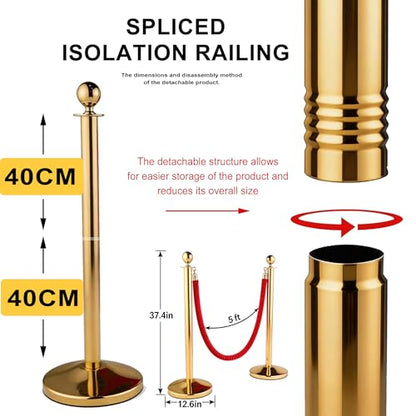 4 Pcs Modular Crowd Control Stanchion, Set with 5 Pcs 5 ft Red Velvet Ropes, Stainless Steel Crowd Control Barriers, Heavy-Duty Fillable Base, Splicing Style Stanchion Rope Divider (4 / Golden） - color: Golden