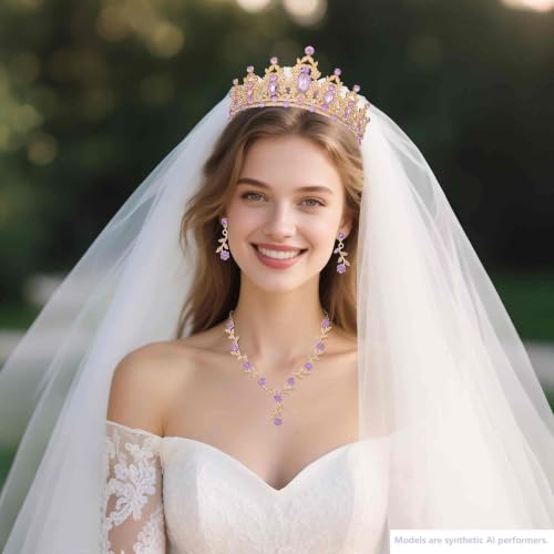 Kamirola Tiaras and Crowns for Women,Tiaras Earrings Necklace, Crystal Bridal Jewelry Set, Costume Party Halloween Prom Pageant Jewelry for Women(TR45) - color: Gold Purple