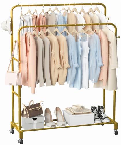 Sooyee Double Rod Clothing Rack with Wheels,3 Tier Garment Racks for Hanging Clothes,Portable Clothes Rack with 4 Hooks for Bedroom,Laundry Room,Gold - color: Gold
