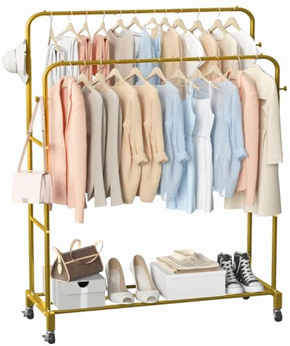 Sooyee Double Rod Clothing Rack with Wheels,3 Tier Garment Racks for Hanging Clothes,Portable Clothes Rack with 4 Hooks for Bedroom,Laundry Room,Gold - color: Gold