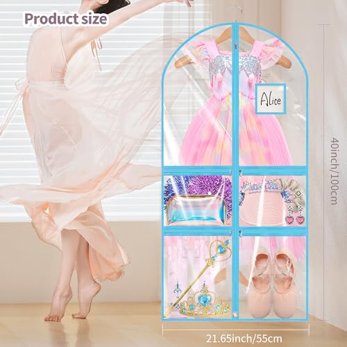 Linodes Dance Costume Bags Garment Bag 40''x22'' Waterproof for Dance Travel/Competition Storage with 2 Small, 2 Medium Clear Zipper Pockets and 1 Large Back Zipper Pocket-PVC (Blue-PVC, 40''- 6 Pack) - size: 40''- 6 Pack