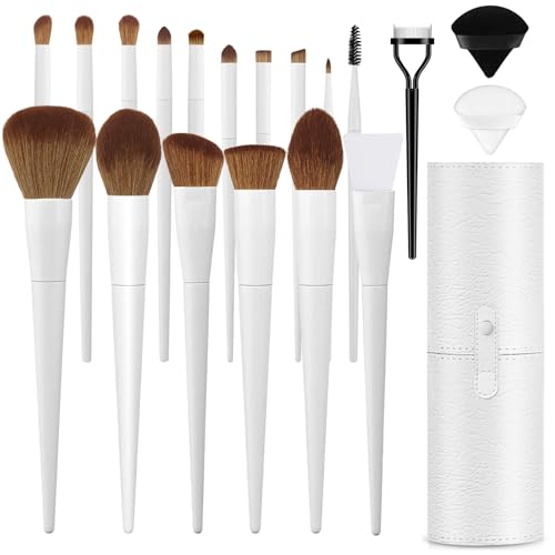 LUXBRU Makeup Brushes With Case 20PCs Professional Makeup Brush Set, Foundation Powder Eyeshadow Brush Set Eyebrow Concealer Contour Travel Brushes Kit with Holder & 2 Powder Puff-White - color: Pearl White