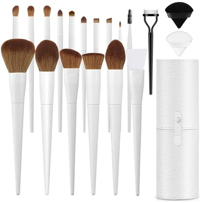 LUXBRU Makeup Brushes With Case 20PCs Professional Makeup Brush Set, Foundation Powder Eyeshadow Brush Set Eyebrow Concealer Contour Travel Brushes Kit with Holder & 2 Powder Puff-White - color: Pearl White