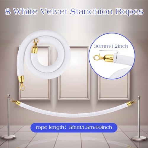 Woanger 8 Pack Velvet Stanchion Rope, 6 Feet Crowd Control Stanchion Ropes Safety Barrier with Silver Plated Hook for Carpet Events Movie Theaters Grand Openings Hotels Party | Crowd Control Barrier for Red Carpet Events, Theaters, Hotels, Grand Openings,