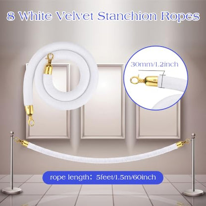 Woanger 8 Pack Velvet Stanchion Rope, 6 Feet Crowd Control Stanchion Ropes Safety Barrier with Silver Plated Hook for Carpet Events Movie Theaters Grand Openings Hotels Party | Crowd Control Barrier for Red Carpet Events, Theaters, Hotels, Grand Openings,