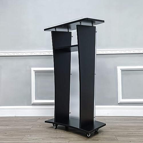 FixtureDisplays® 23.8x15x46.7" Acrylic Church Podium Pulpit Debate Conference Lectern Plexiglass Lucite Black Wood Shelf on Wheels 1803-5-BLACK-NEW-NPF