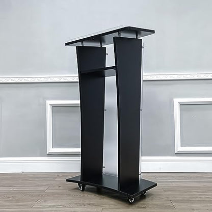 FixtureDisplays® 23.8x15x46.7" Acrylic Church Podium Pulpit Debate Conference Lectern Plexiglass Lucite Black Wood Shelf on Wheels 1803-5-BLACK-NEW-2D