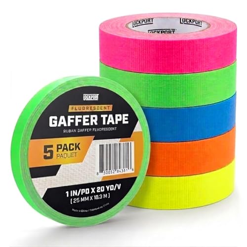 Lockport Neon Spike Tape 5 Pack - 1 Inch x 20 Yards Colored Gaffer Tape | Fluorescent Matte Gaff Tape, UV Blacklight Glow, Residue-Free, Water-Resistant, Easy Tear for Theater, Stage, Marking, School - size: 1 Inch x 20 Yards