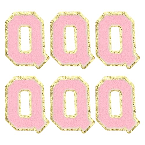MECCANIXITY Chenille Letter Patches 3.1" Alphabet Q Iron on Embroidered Patch Sew on Letter Stickers Applique for Repairing Clothing Jeans Shoes Hats DIY(Pink, Pack of 6) - style: Letter-Q