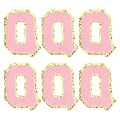 MECCANIXITY Chenille Letter Patches 3.1" Alphabet Q Iron on Embroidered Patch Sew on Letter Stickers Applique for Repairing Clothing Jeans Shoes Hats DIY(Pink, Pack of 6) - style: Letter-Q
