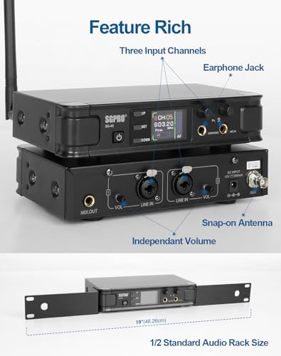SGPRO Wireless in-Ear Monitor System, IEM System Mono with Metal Transmitter, Bodypack Receiver Monitor Earphones, 85 Adjustable Frequencies 262ft Operation for Bands, Studio & Events