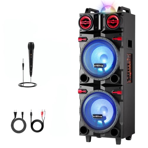 Portable Wireless Party Bluetooth Speaker with Dual 10" Woofers | 80W Rechargeable PA System with Bass/Treble, Wired Microphone, Flashing Light, TWS, FM, REC, Telescopic Pull Rod, Wheels - size: Dual 10'' Woofers