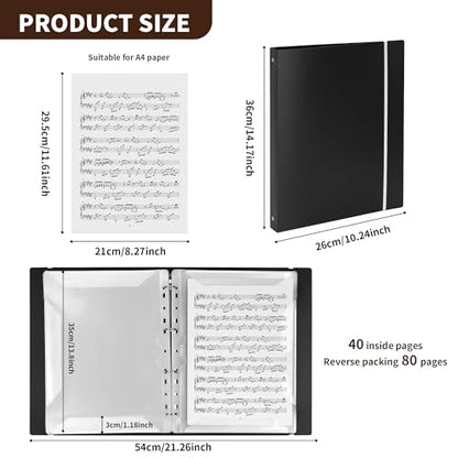 80 Sleeves Sheet Music Binder 8.5"x11" Sheet Music Folder with Elastic Band | Black Sheet Music Protective Sleeves Binder with Plastic Sleeves for Audition,Orchestra,Piano, Choir, Stand