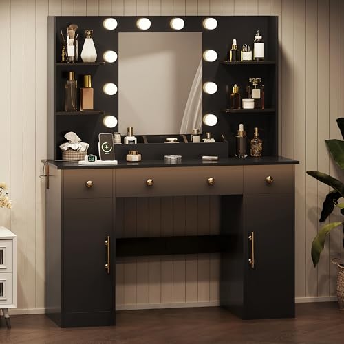 HUANLEGO Vanity Desk with Mirror and Lights, Makeup Vanity with Mirror and LED Lights & Power Outlet, 3 Drawers and Cabinets, 3 Lighting Modes Dressing Table Set for Girls Women Bedroom,Black - size: 43.7x15.7x57.6 in, style: Black