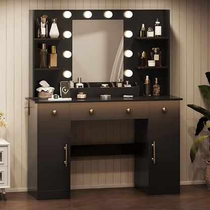 HUANLEGO Vanity Desk with Mirror and Lights, Makeup Vanity with Mirror and LED Lights & Power Outlet, 3 Drawers and Cabinets, 3 Lighting Modes Dressing Table Set for Girls Women Bedroom,Black - size: 43.7x15.7x57.6 in, style: Black