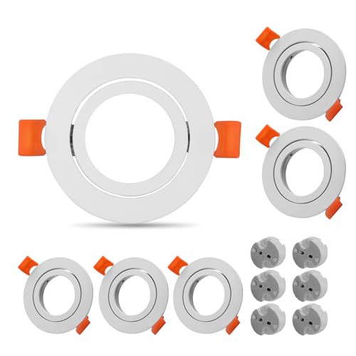 Pack of 6 LED Ceiling Light Frame Round Fixture Holders Adjustable Cutout 65mm with MR16 sockets for 1.97in/50mm MR16/GU10 Bulbs (White) - color: white-6pack