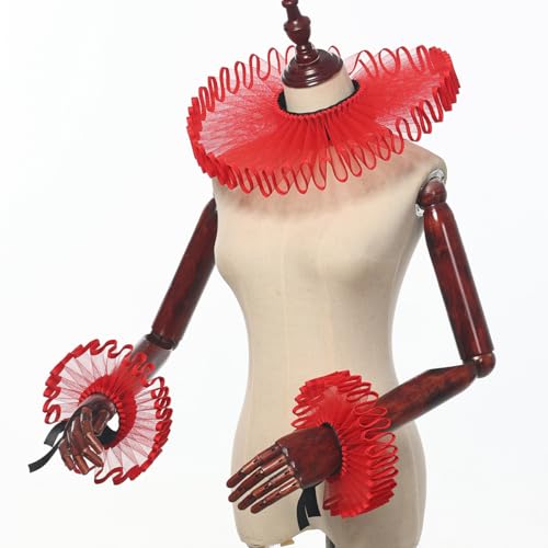 Renaissance Victorian Ruffle Collar and Wrist Cuffs Set Organza Colonial Clown Choker Neck Collar Cuff - color: Z Style a Red