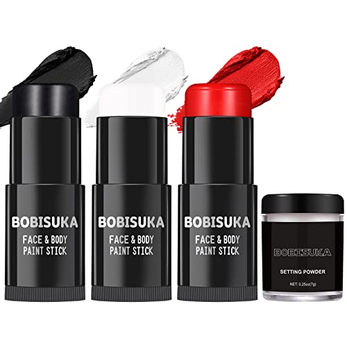 BOBISUKA Black White Red Face Paint Stick with Setting Powder Set Clown Makeup Eye Black Sticks for Sports, Body Paints for Halloween Joker Skeleton Cosplay Special Effects Costume SFX Stage Kit - color: Black, Red, White