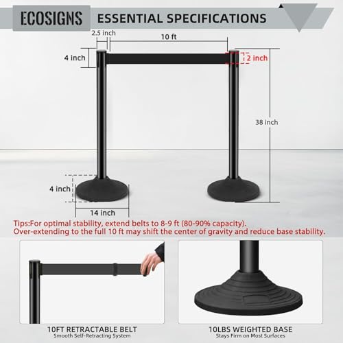 ECOSlGNS Commercial Crowd Control Stanchions with Retractable Belts - Black Stanchions with Heavy-Duty Base & Sign Holders line dividers for Airport, Theaters, Banks & Retail Stores (6 Pack) - color: Black- 6 Packs