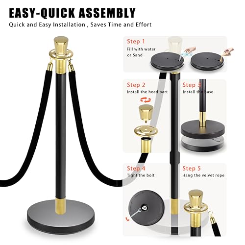 Black Stanchions and Velvet Ropes 6pcs Stainless Steel Posts | 4pcs 5ft Black Velvet Ropes Crowd Control Barriers with Durable Refillable Base for Wedding, Party & Exhibition Events - color: Black-Gold, size: 6 PCS