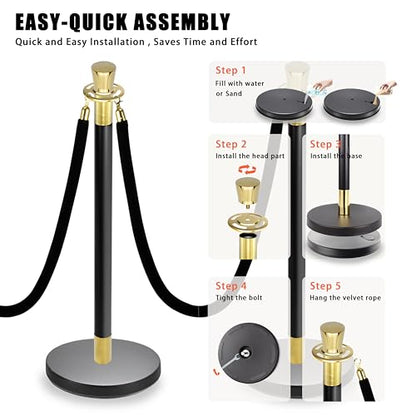 Black Stanchions and Velvet Ropes 6pcs Stainless Steel Posts | 4pcs 5ft Black Velvet Ropes Crowd Control Barriers with Durable Refillable Base for Wedding, Party & Exhibition Events - color: Black-Gold, size: 6 PCS