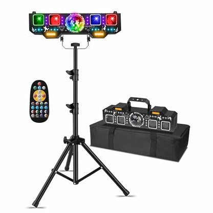 DJ Light with Stand,7IN1 DJ Disco Party Light with Stand&Carry Bag RGB Par Lights,Rotating Ball,Strobe,UV Lighting by DMX Sound Activated Remote Control for Parties Gig Bar Stage