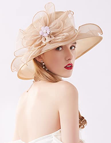 Women Derby Fascinator Hat Organza Church Wedding Hats Wide Brim Cocktail Tea Party Hat - color: 07 Khaki