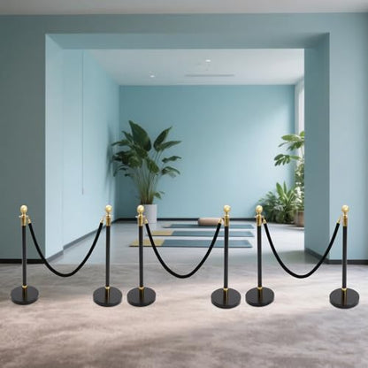6Pcs Stainless Steel Stanchion Post, Crowd Control Barriers Red Carpet Poles with 5ft Velvet Ropes & 37.4in Posts, Line Dividers for Wedding Theater Party Hotel (Black & Gold) - color: Black & Gold