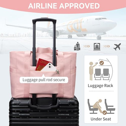 WLLWOO Large Tote Bag, 14” Laptop Work Travel Bag with Trolley Sleeve | Multi Pocket Water Splash Zipper Shoulder Handbag for Women Daily Nurse Gym Commute - color: Pink