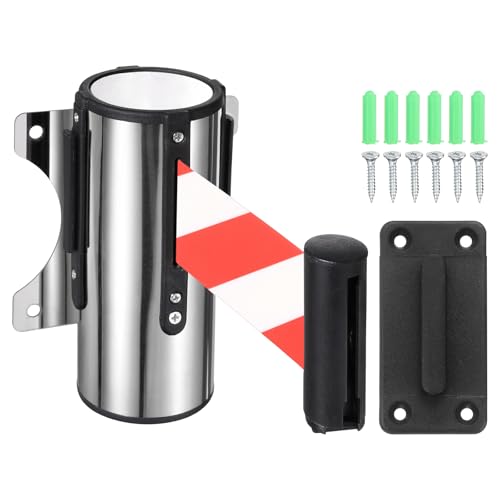 PATIKIL 9.8 Foot Fixed Wall Mount Retractable Belt Barrier Set Metal Safety Belt Barrier Rope with Braking System Locking Button for Crowd Control, Red/White - color: Red / White, size: 9.8 Foot