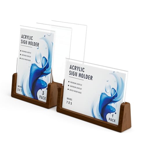 Walnut Wood U-Base 5"x7"Sign Holder Set – Premium U-Shaped Tabletop Display Stand with Clear Acrylic Panels,4Pack (3 Vertical + 1 Horizontal)5*7inches – Ideal for Photo, Menu, QR Code, Café, Home Décor