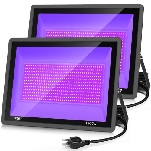 YANYCN 2 Pack 1200W LED Black Flood Light,385-405 nm Big Black Light Outdoor with Plug and Switch IP66 Waterproof Blacklight for Glow Party, Halloween,Body Paint, Aquarium,Fluorescent Poster - size: 2pack 1200W led black light