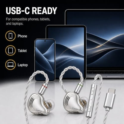 Rosmas Wired Earbuds with Mic, USB-C Wired Earbuds HiFi Earphones,SM10 Pro 5-Driver Hybrid IEM Earphones, 4BA+1DD Driver System, Detachable 2-Pin Cable, in Ear Monitors for Gaming Music Calls，Sliver - color: Silver