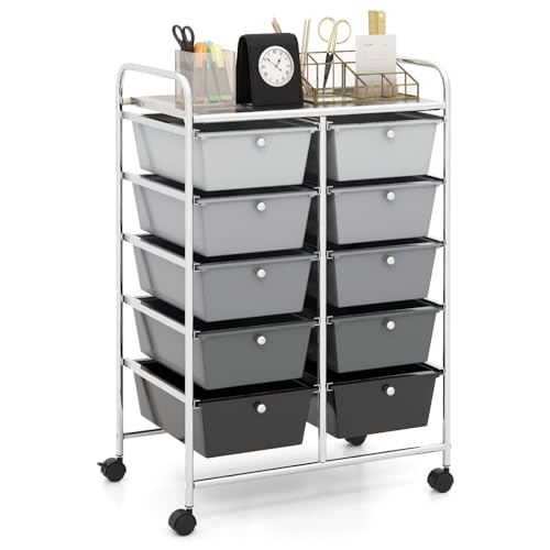 HAPPYGRILL 10-Drawer Rolling Storage Cart, Storage Organizer Cart with Lockable Wheels, Beauty Salon Movable Utility Cart for School, Office, Home, (Black Gradient) - color: Black Gradient, size: 10 Drawer