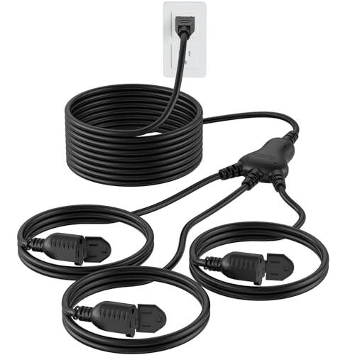 PLUGTUL 42FT Outdoor Extension Cord with Multiple Outlets | 1 to 3 Splitter Max 30FT End to Male Plug (Total 42FT) 16/3 SJTW Power Cord for Halloween Christmas, ETL Listed, Black - color: Black, size: 42FT