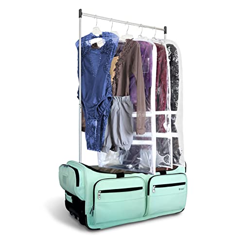 Mavii Dance Bag with Garment Rack, 28 Inch Rolling Duffel, Ideal for Competitions & Travel, Water-resistant/Wipe-clean Fabric, Lightweight Aluminum Rack, Wheeled Upright Luggage, Mint - color: Mint 28"