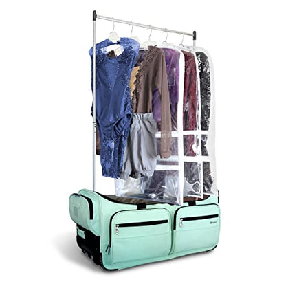 Mavii Dance Bag with Garment Rack, 28 Inch Rolling Duffel, Ideal for Competitions & Travel, Water-resistant/Wipe-clean Fabric, Lightweight Aluminum Rack, Wheeled Upright Luggage, Mint - color: Mint 28"