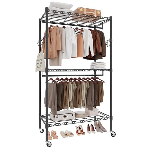 Whitmor 3 Tier Rolling Garment Rack, Heavy Duty Adjustable Metal Clothing Rack with Side Hooks, Double Rods & 360° Lockable Wheels, Max 600LBS for Hanging Clothes, 35.4" L x 16" W x 77" H, Black