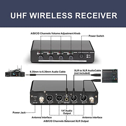 Depusheng R6 Professional Wireless Microphone UHF System 4 Channel with Wireless lavalier Headset Microphone, Metal Receiver, Perfect for Singing, Karaoke, Parties, Weddings - style: 4 bodypack mic
