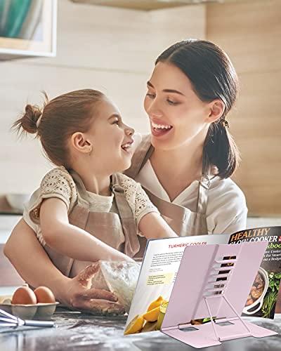 MSDADA Book Stand Metal Reading Rest Book Holder Adjustable Cookbook Documents Holder Portable Bookstands for Recipes Textbooks with Page Clips Birthday Gifts for Girls Mom Students(Macaron Pink) - color: Macaron Pink