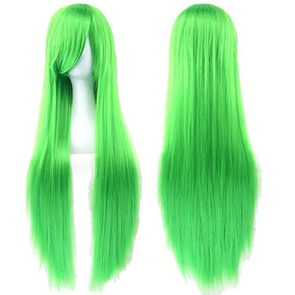 80cm Long Straight Natural Hair Cosplay Wigs with Bangs Colorful Halloween Costume Party Wig for Women (Apple Green) - color: Apple Green