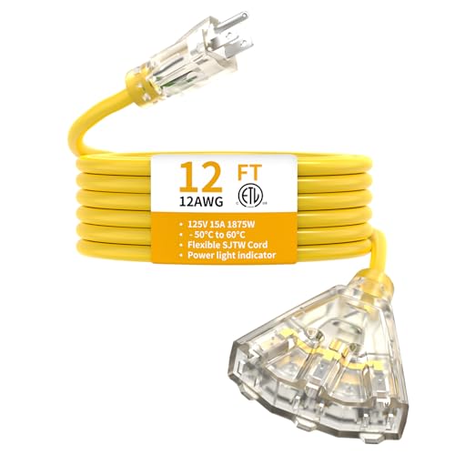 12FT 12/3 Heavy Duty 3-Outlet Lighted Outdoor Extension Cord ETL | 15A 1875W, pure copper SJTW waterproof -58°F to 140°F, lawn care, woodworking, metal cutting, barn, outdoor use, 3-prong