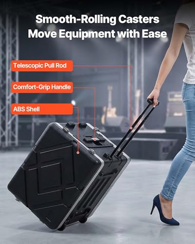 VEVOR 8U Rack Case, Standard 19 in Depth, Rolling Server Cabinet with Wheels, ABS Construction, Retractable Handle, Latches, for Amplifier (7U Rack Space + 1U Wheel Space), 18.4 in Internal Depth - size: 24.41 x 16.54 x 21.85 Inches