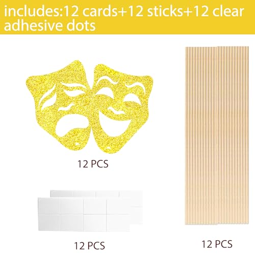Theatrical Mask Centerpiece Sticks 12PCS Comedy Movie Night Theme Party Decorations Glitter Gold Tragedy Mask Table Toppers for Drama Film Festival Birthday Party Supplies