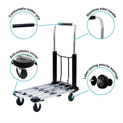 LEADALLWAY Foldable Push Cart Aluminum Alloy Platform Cart with 4-Wheel,Adjustable Length,330-LB Capacity(with 2 Ropes) | 4-Wheel,Adjustable Length,330-LB Capacity with 2 Ropes